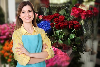 Image of Beautiful female florist in shop, space for text