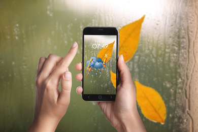 Woman using weather forecast app on smartphone near window indoors, closeup