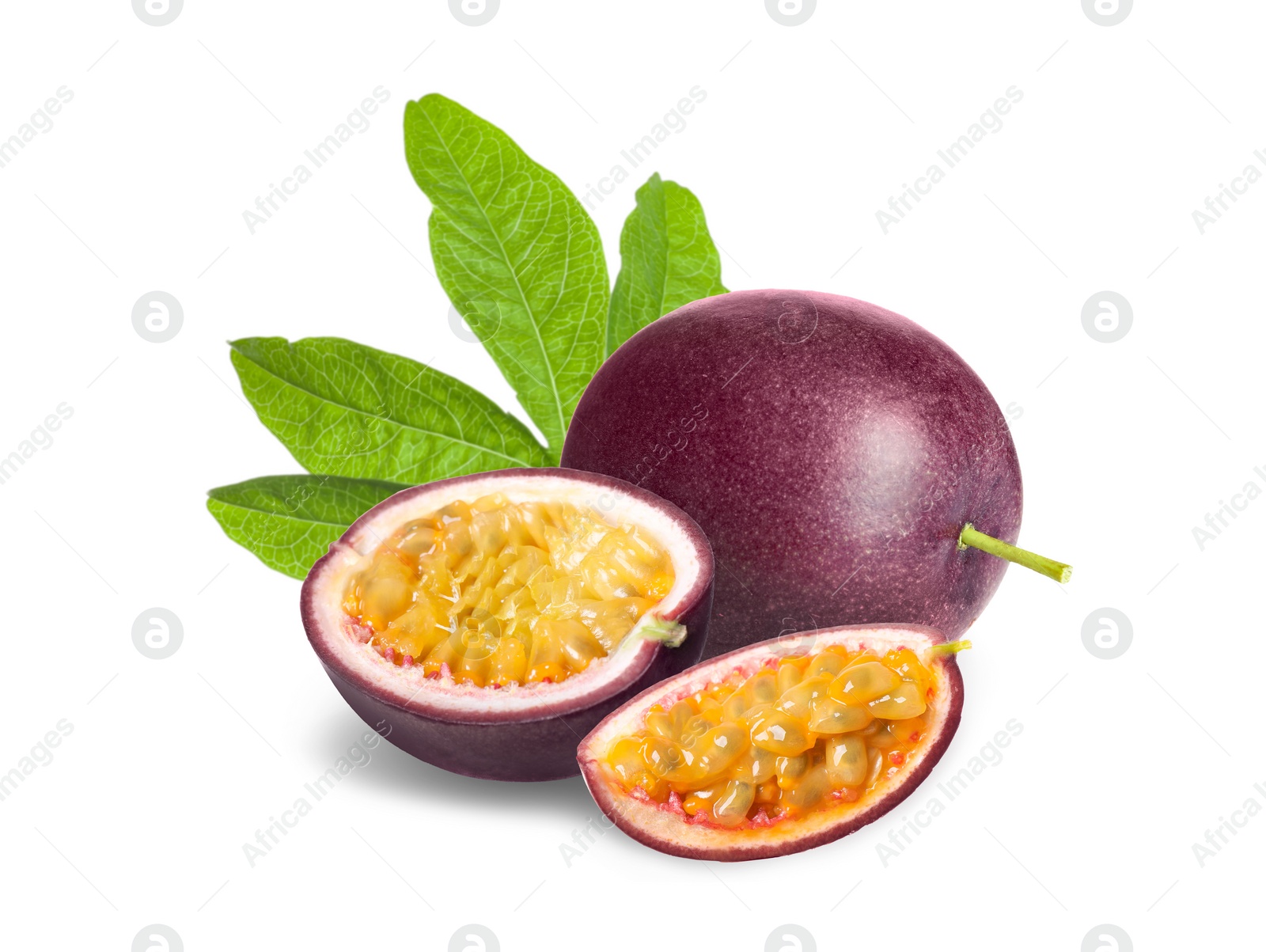 Image of Delicious ripe passion fruits and green leaves on white background