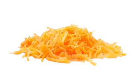 Photo of Pile of fresh grated carrot isolated on white
