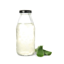 Photo of Fresh aloe drink in bottle and leaves on white background