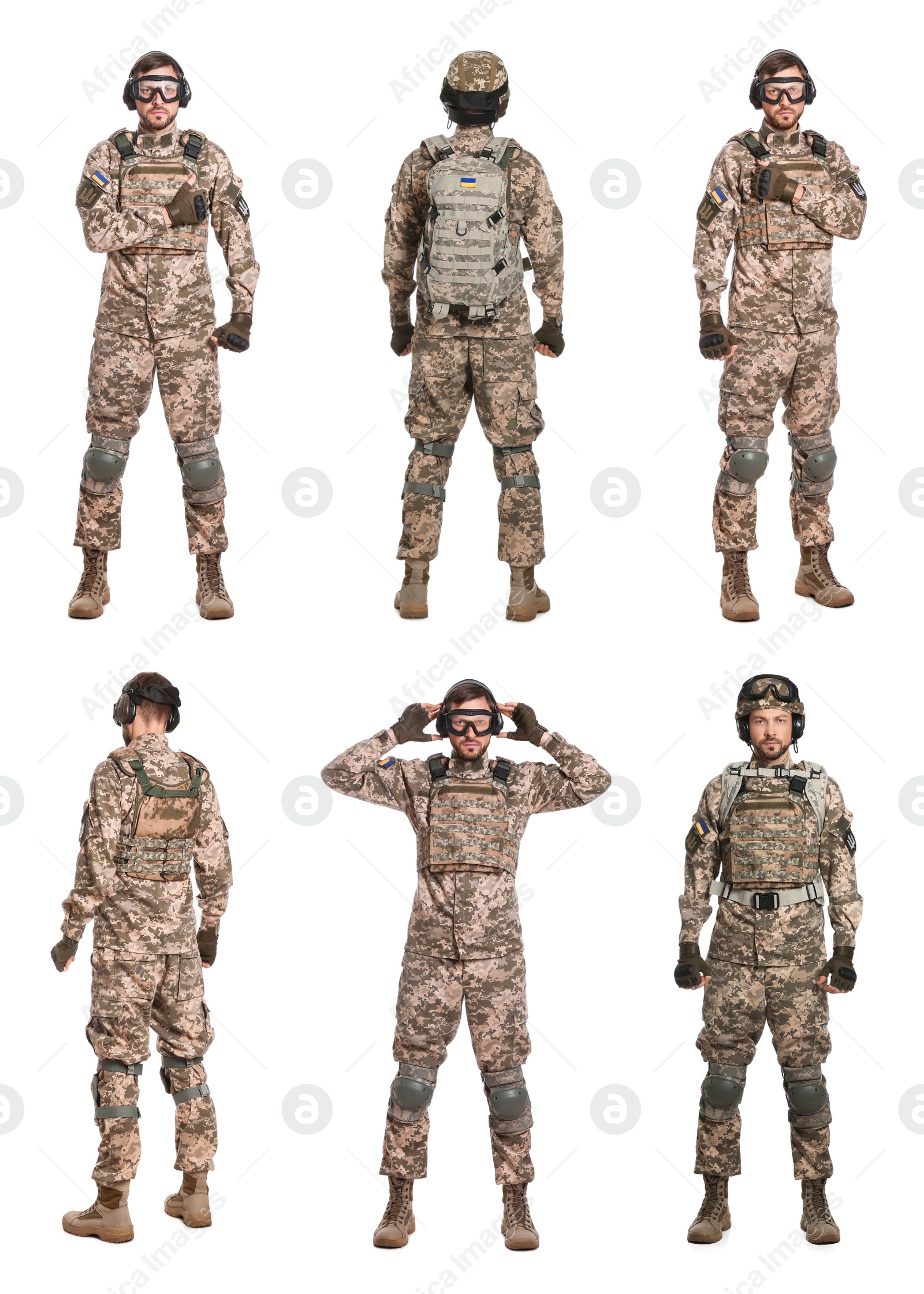 Image of Collage with photos of Ukrainian soldier wearing military uniform on white background