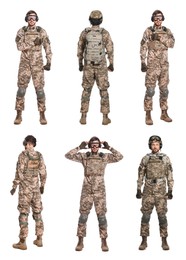 Collage with photos of Ukrainian soldier wearing military uniform on white background