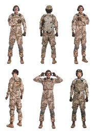 Image of Collage with photos of Ukrainian soldier wearing military uniform on white background