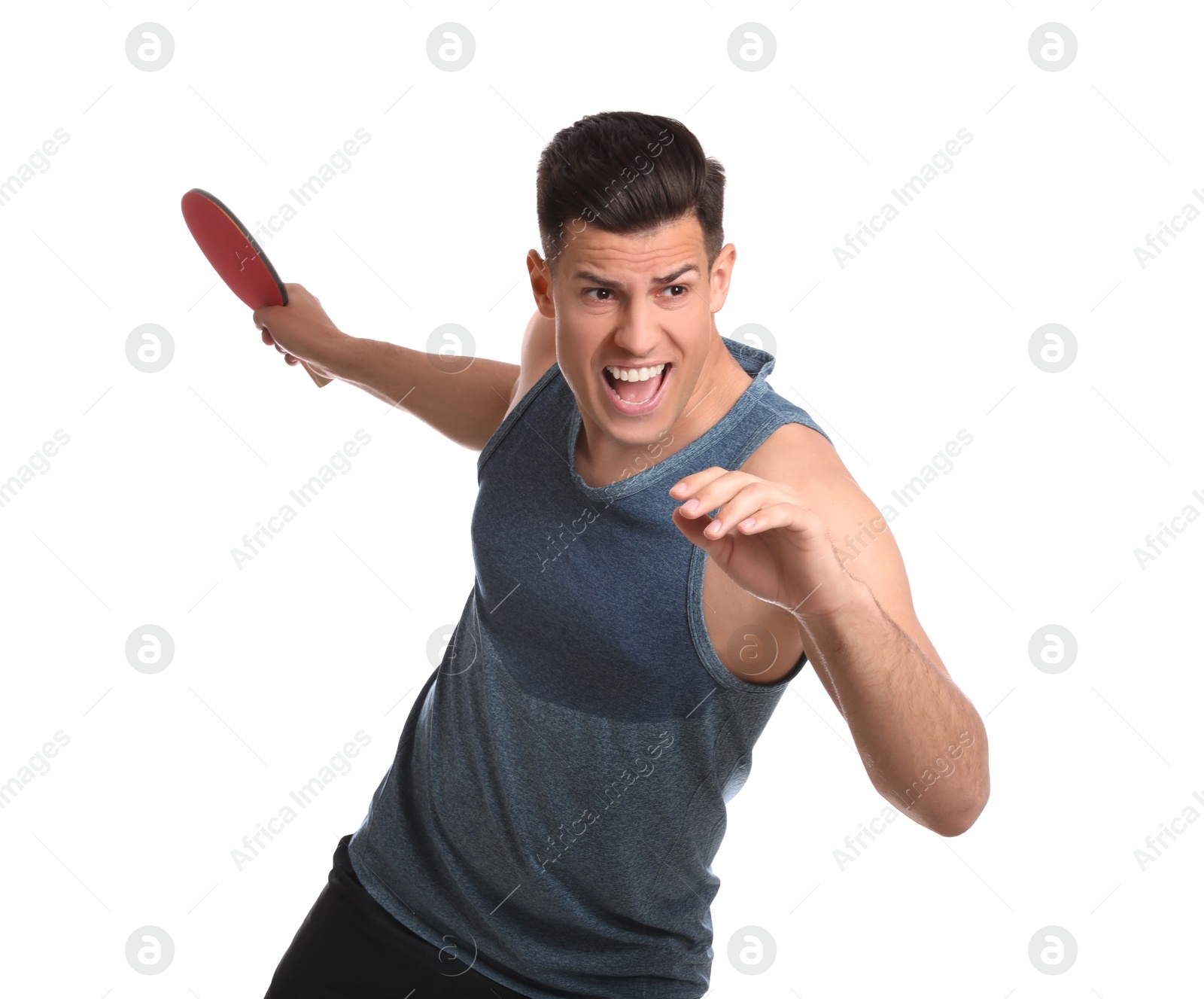 Photo of Handsome man with table tennis racket on white background. Ping pong player