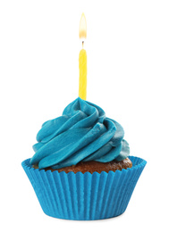 Photo of Delicious birthday cupcake with candle and blue cream isolated on white