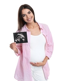 Happy pregnant woman with ultrasound picture on white background