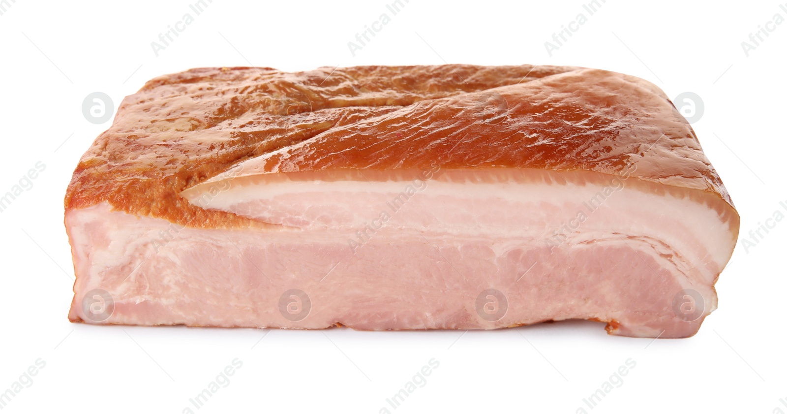 Photo of Piece of delicious smoked bacon isolated on white