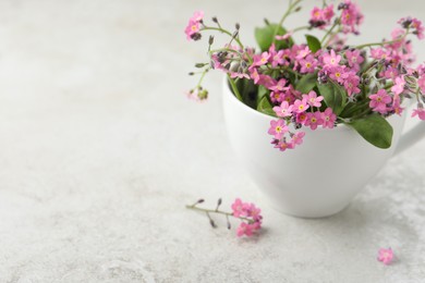 Photo of Beautiful pink forget-me-not flowers with cup on light stone table, closeup. Space for text