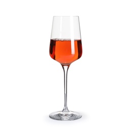 Photo of Glass of delicious expensive wine on white background
