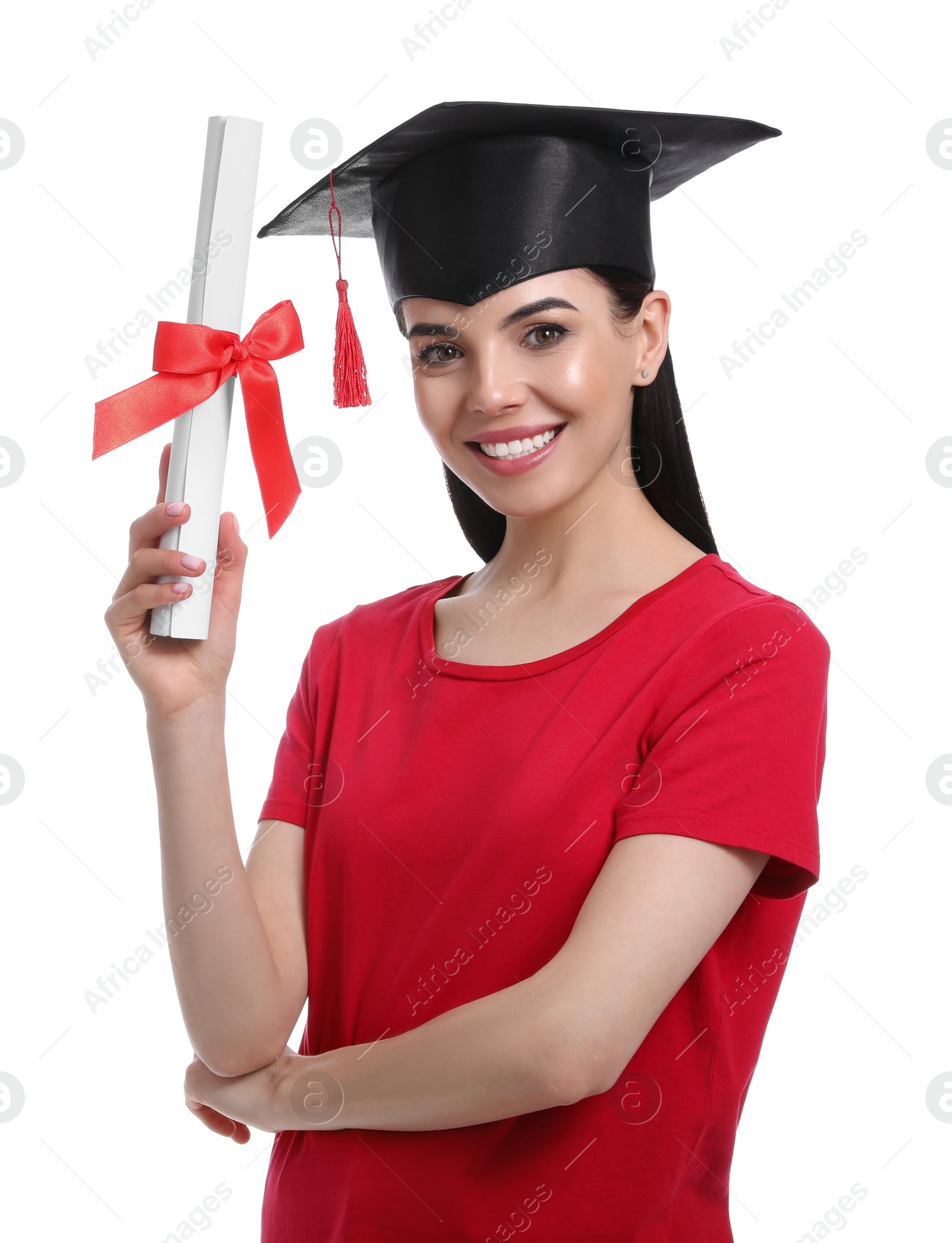 Photo of Happy student with graduation hat and diploma on white background