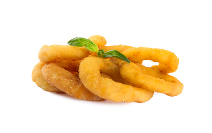 Delicious golden onion rings isolated on white