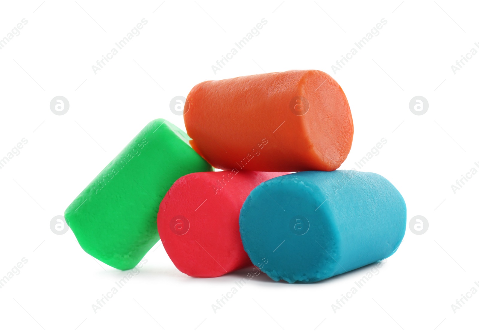 Photo of Different colorful play dough on white background