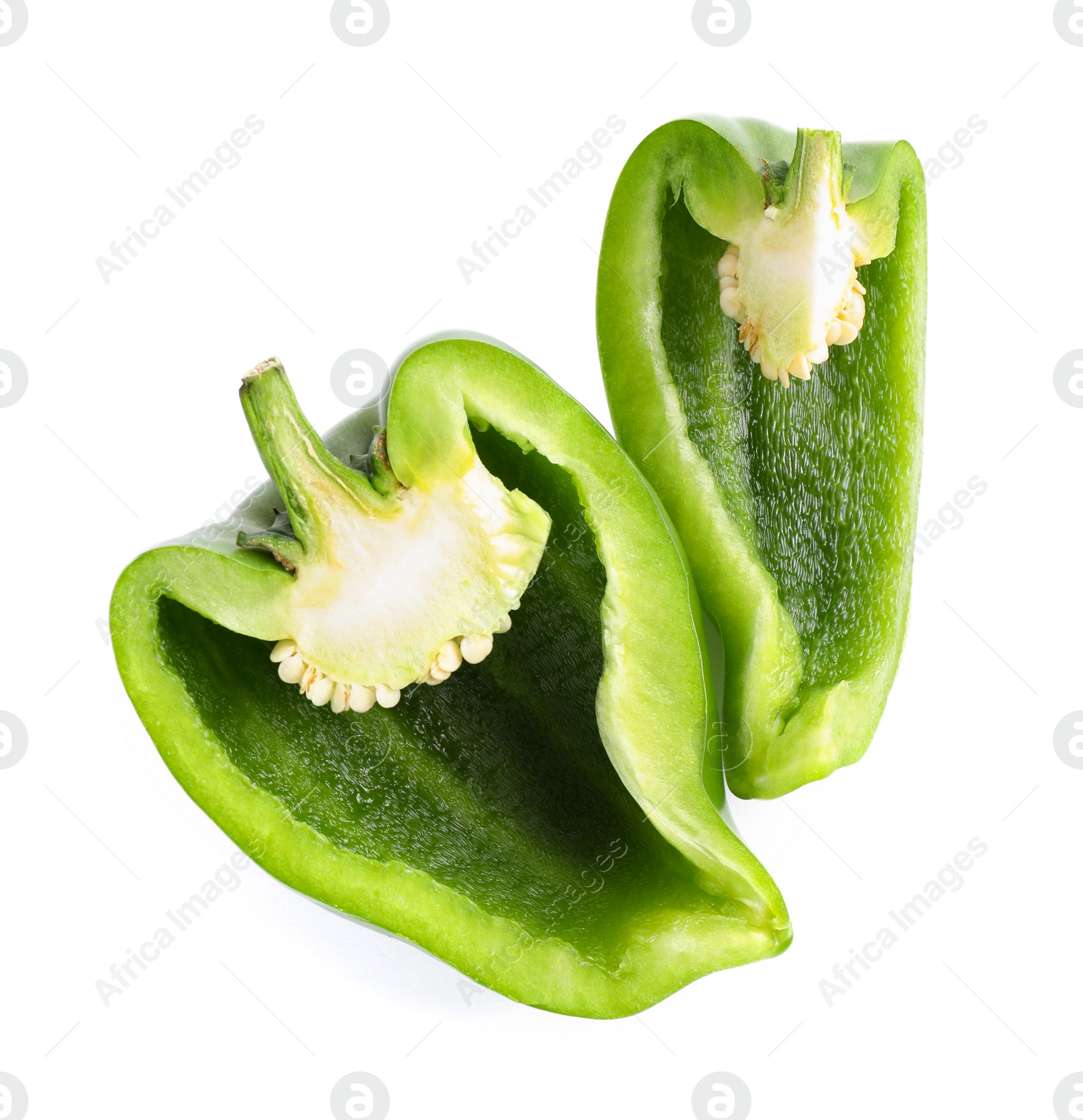 Photo of Cut green bell pepper isolated on white, top view