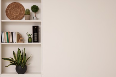 Photo of Shelves with houseplants and different decor near beige wall, space for text. Interior design