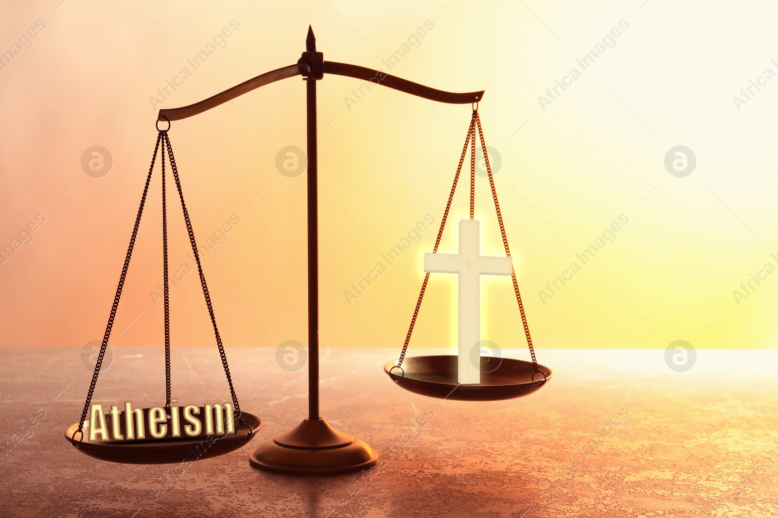 Image of Choice between atheism and religion. Scales with word and cross on textured surface