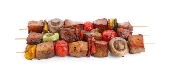 Photo of Delicious shish kebabs with vegetables isolated on white