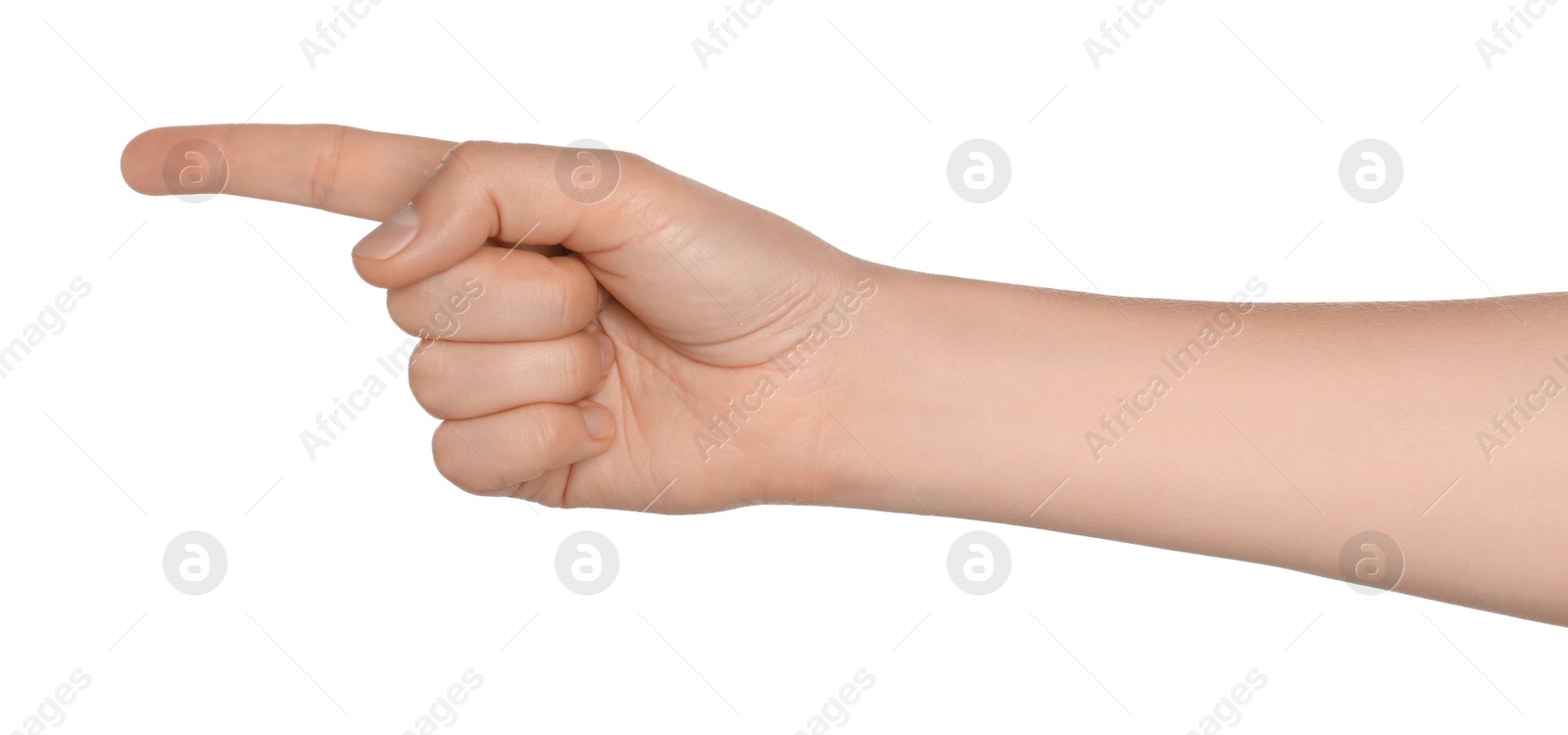 Photo of Woman pointing at something on white background, closeup of hand