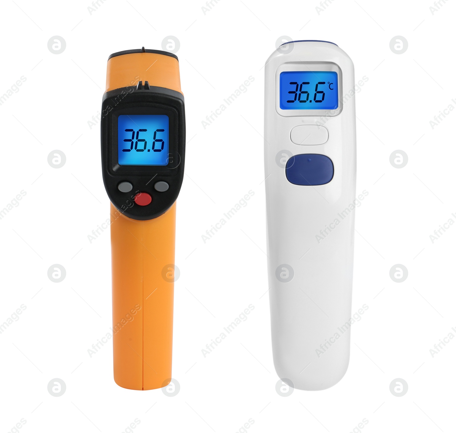 Image of Infrared thermometers on white background, collage. Checking temperature during Covid-19 pandemic