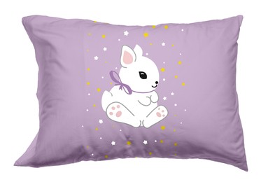 Image of Soft pillow with printed cute rabbit isolated on white