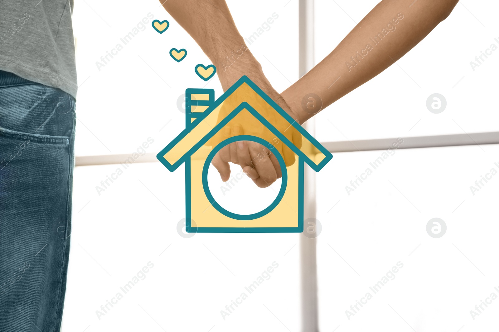 Image of Family holding hands together and illustration of house indoors, closeup. Adoption concept