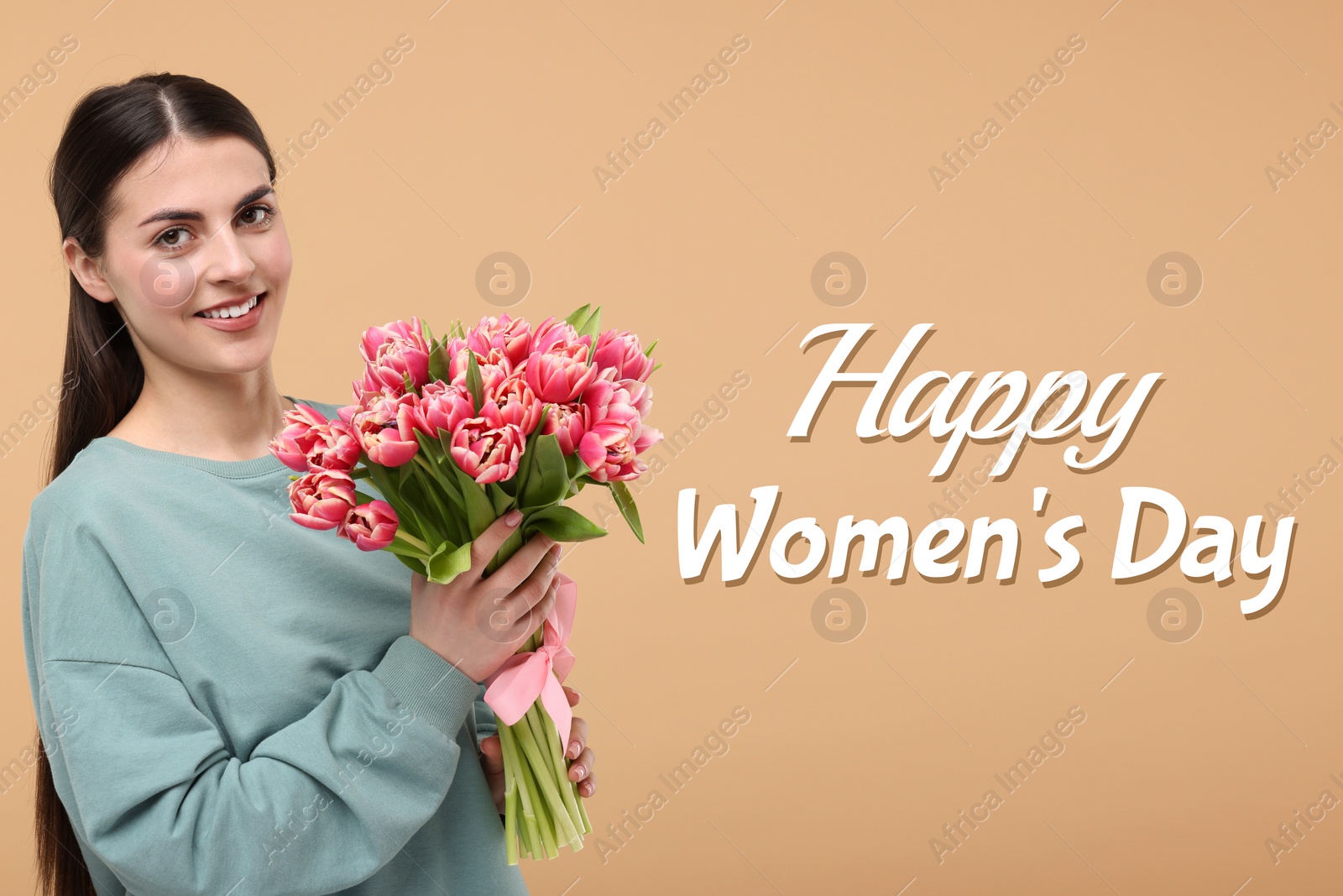 Image of Happy Women's Day - March 8. Attractive lady with bouquet of tulips on dark beige background