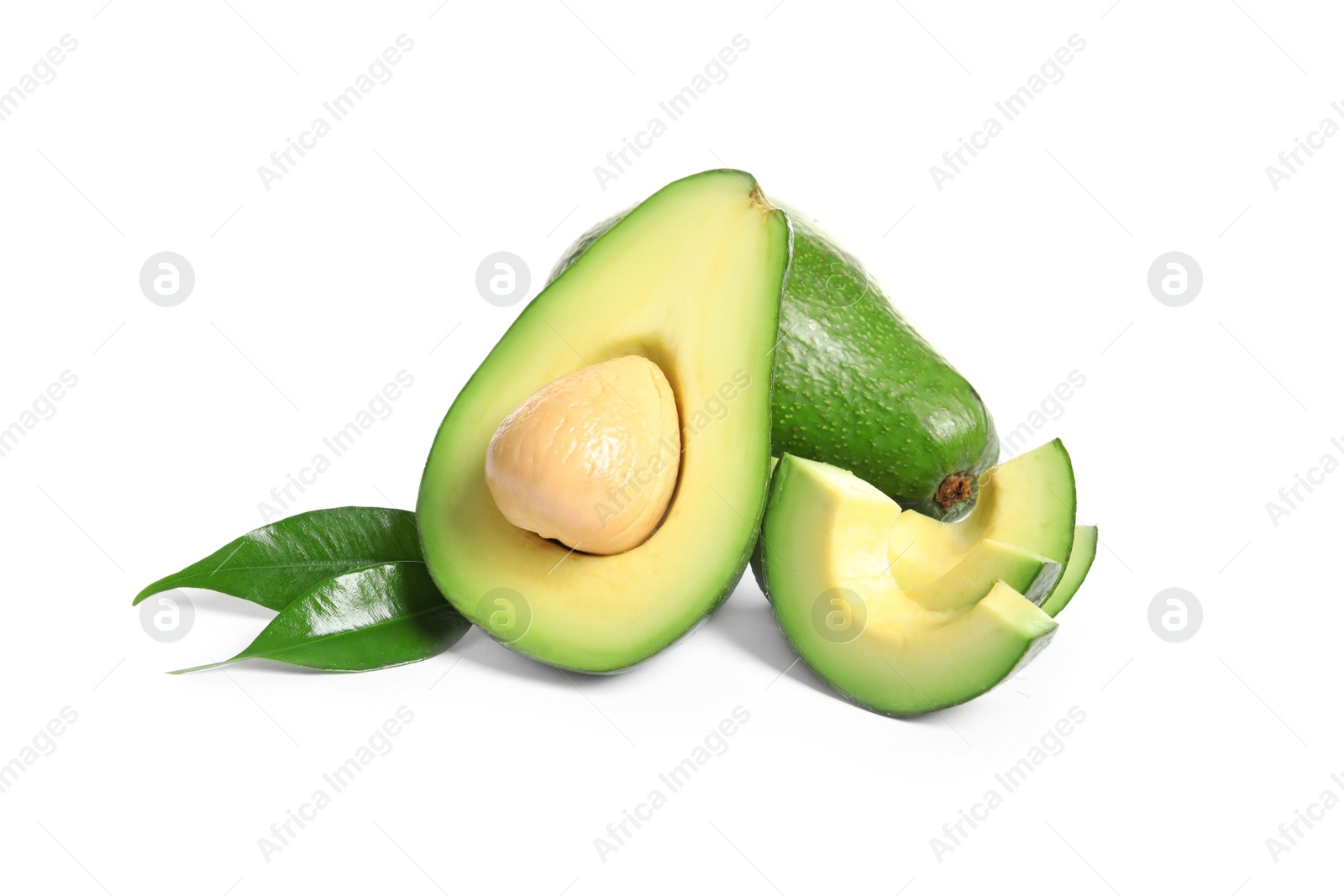 Photo of Ripe fresh avocados on white background