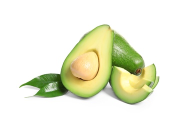 Ripe fresh avocados on white background