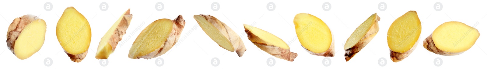 Image of Set of fresh ginger slices on white background. Banner design 