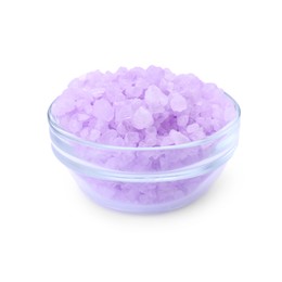 Photo of Glass bowl with violet sea salt isolated on white