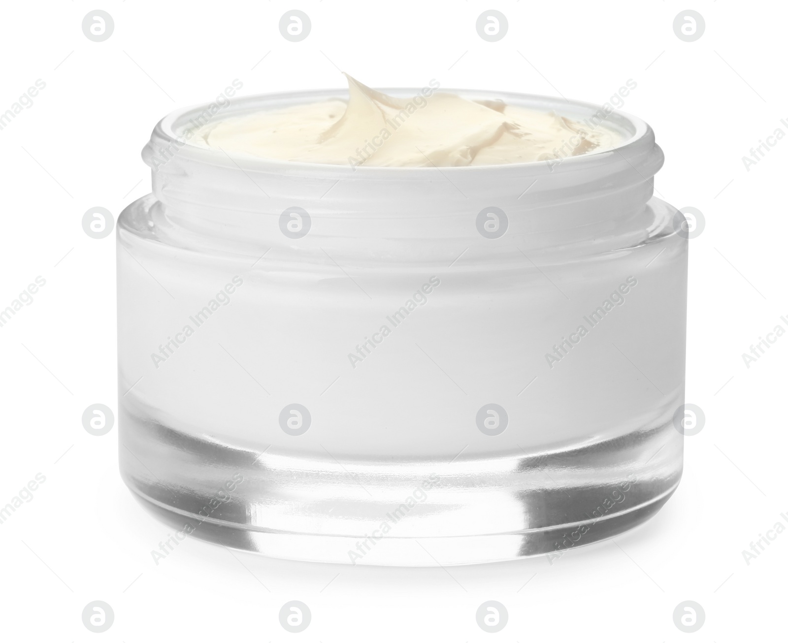 Photo of Jar with hand cream on white background