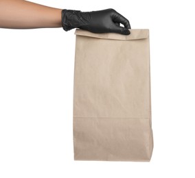 Woman holding paper bag on white background, closeup