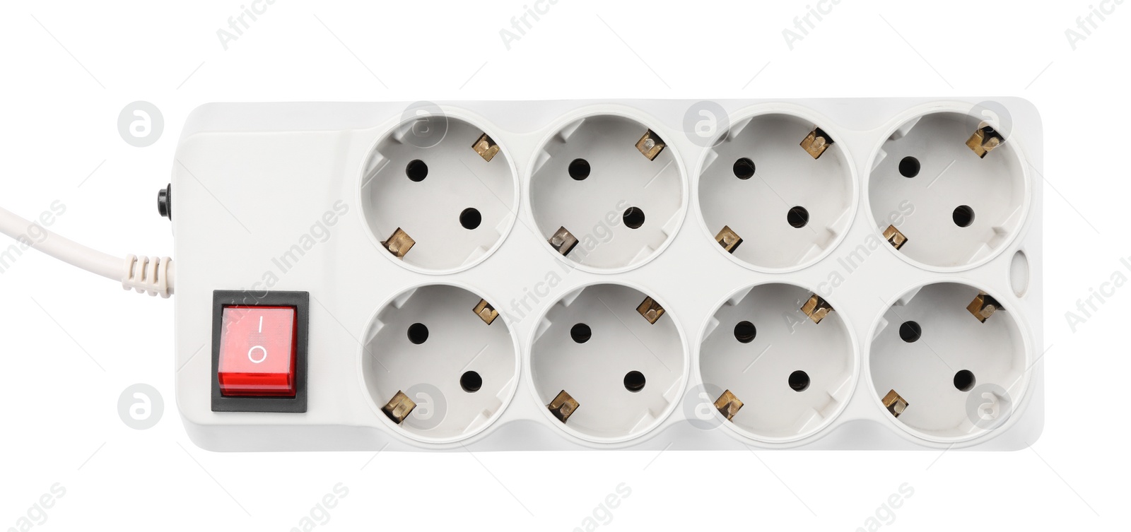 Photo of Power strip with extension cord on white background, top view. Electrician's equipment