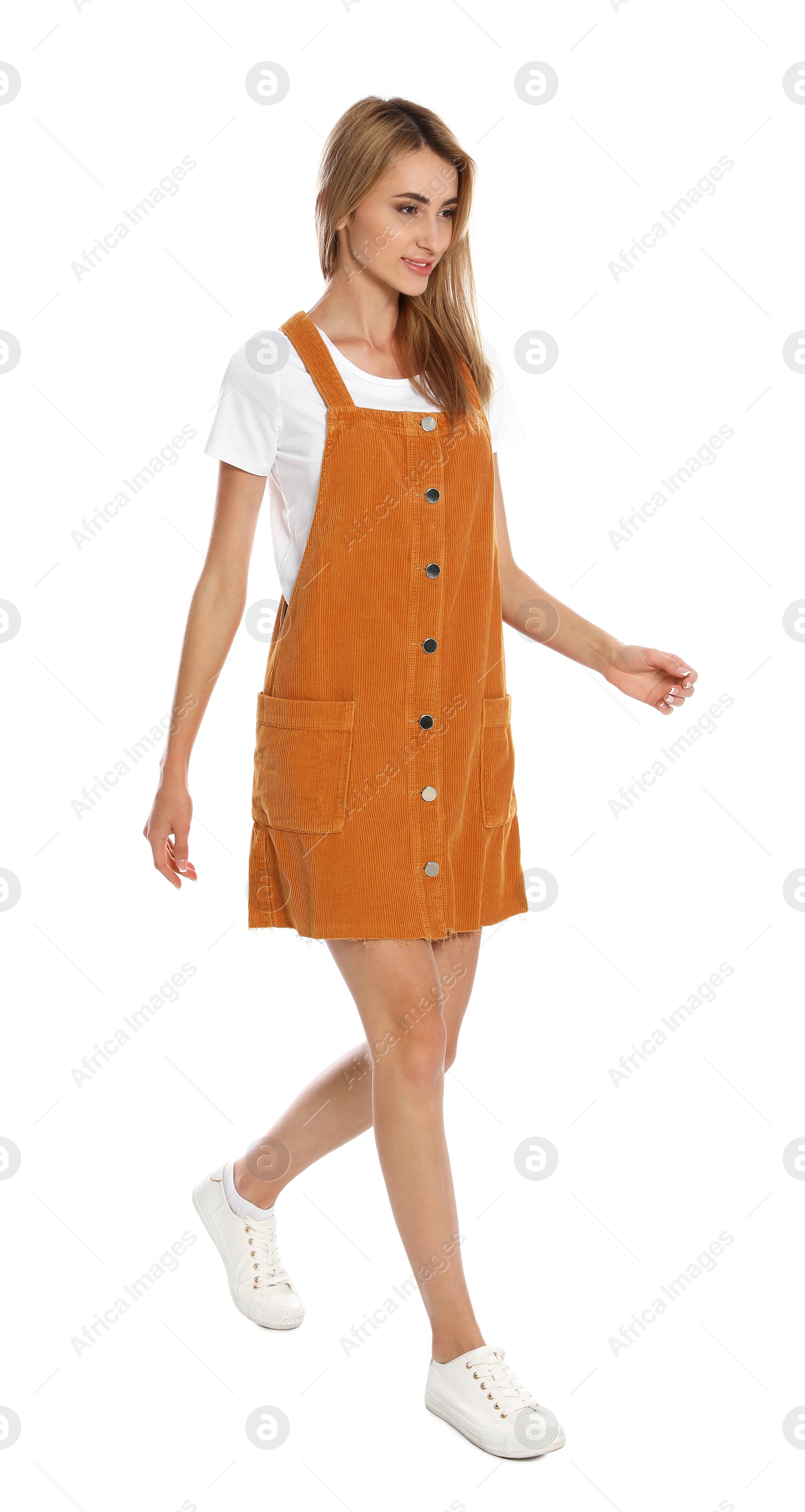 Photo of Beautiful young woman posing on white background