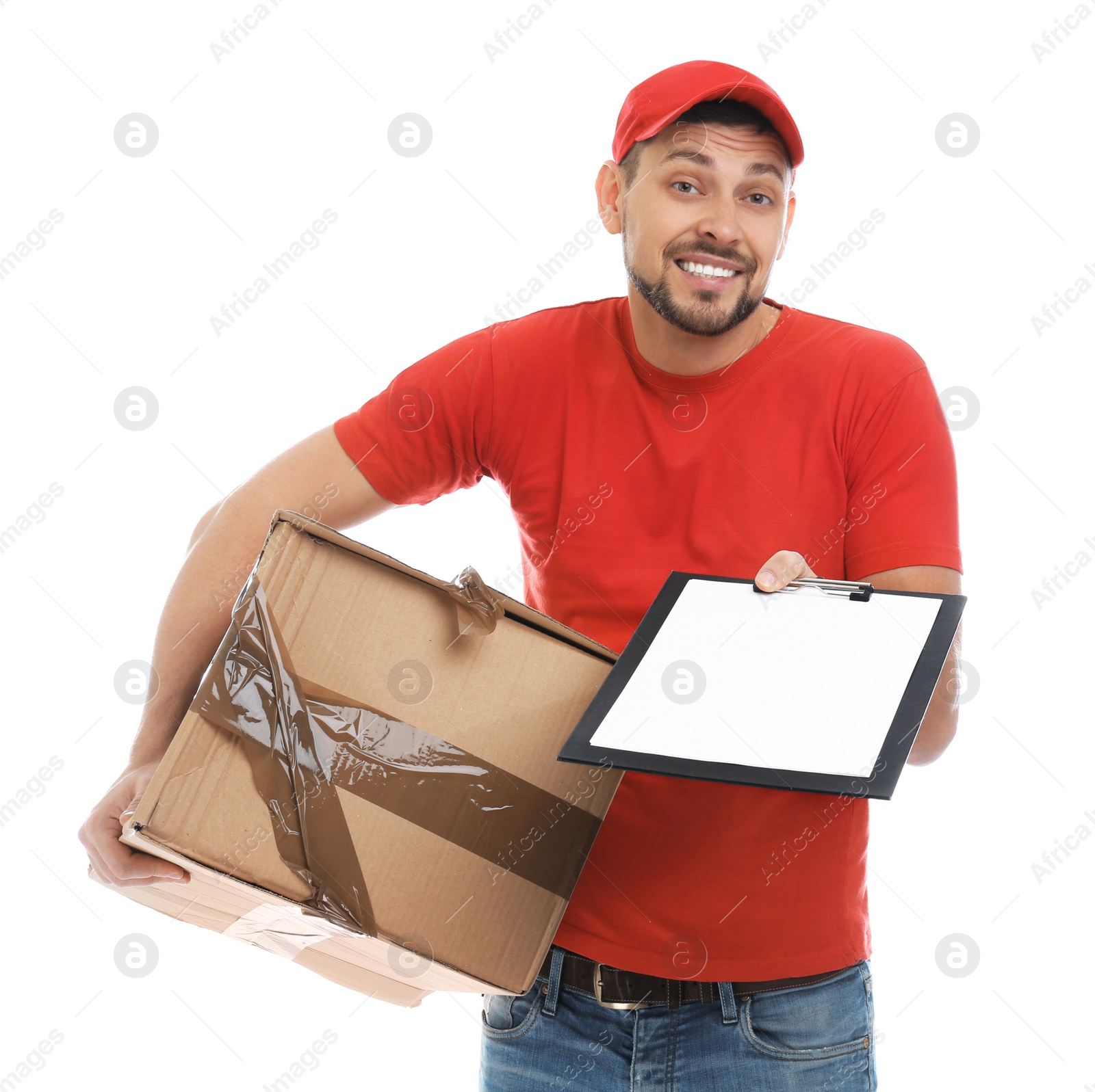 Photo of Emotional courier with damaged cardboard box and clipboard on white background. Poor quality delivery service