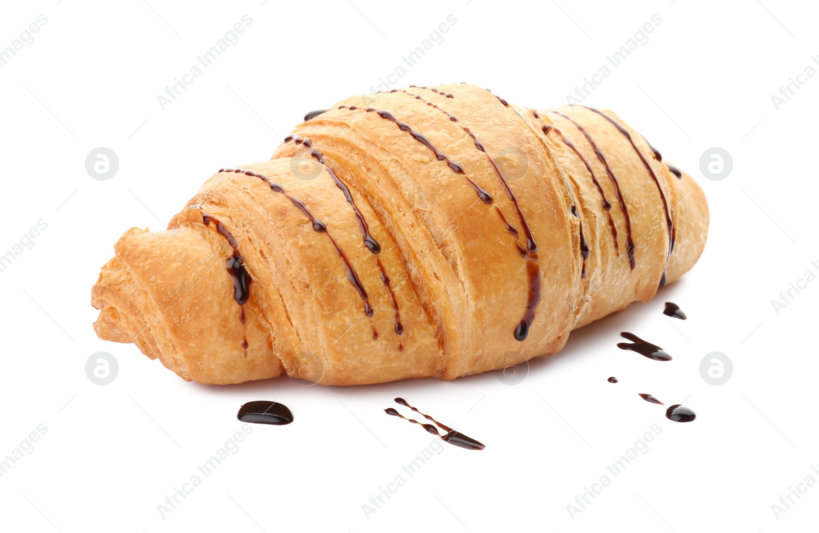 Photo of Tasty croissant with chocolate sauce on white background