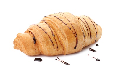 Tasty croissant with chocolate sauce on white background