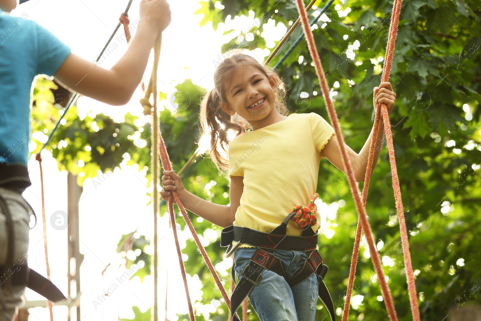 Photo of Little girl climbing in adventure park. Summer camp