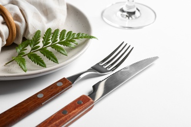 Photo of Elegant table setting on white background, closeup