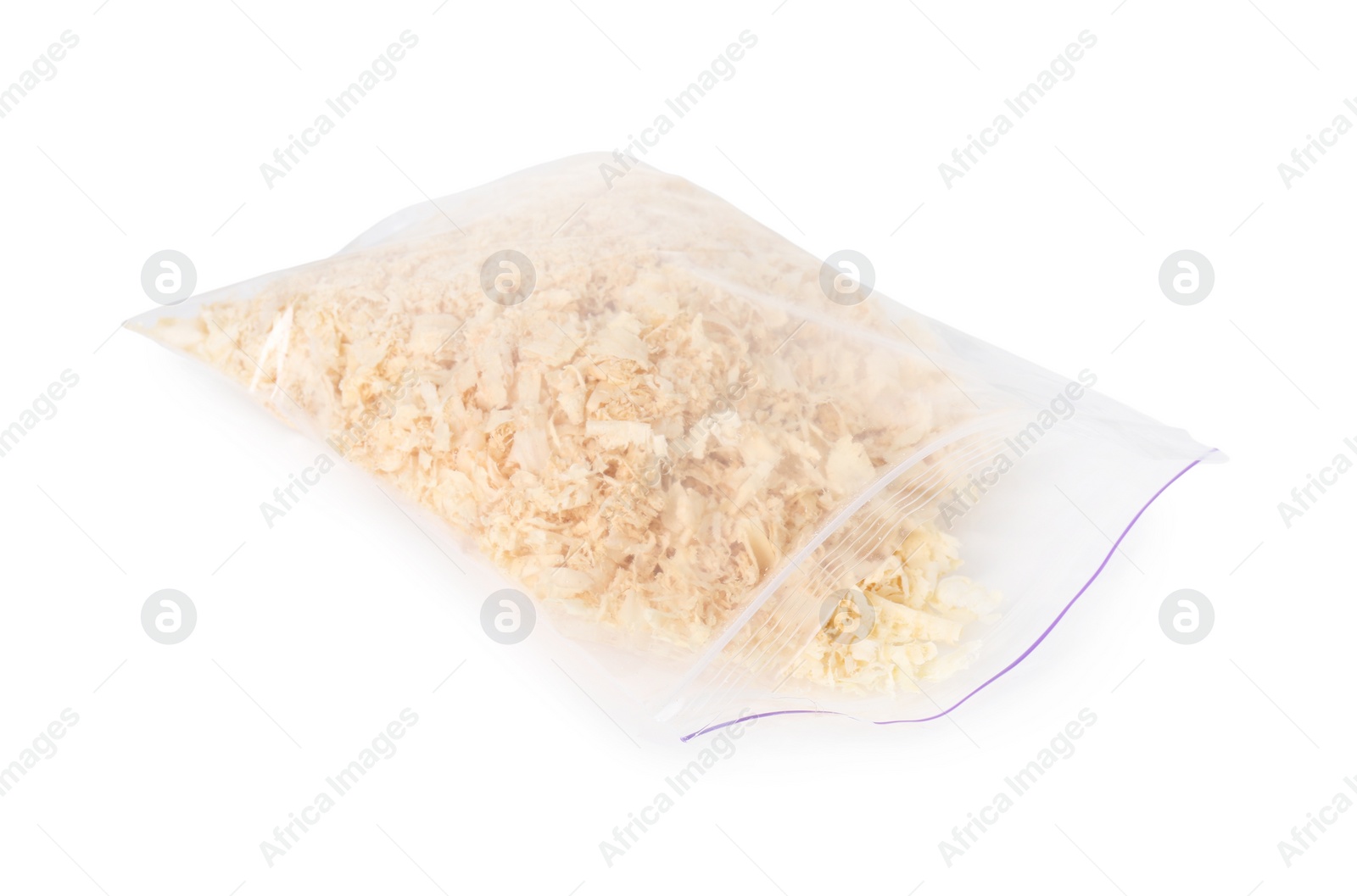 Photo of Natural sawdust in zip bag isolated on white