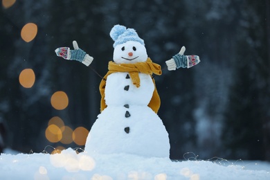 Adorable smiling snowman with Christmas lights outdoors on winter day