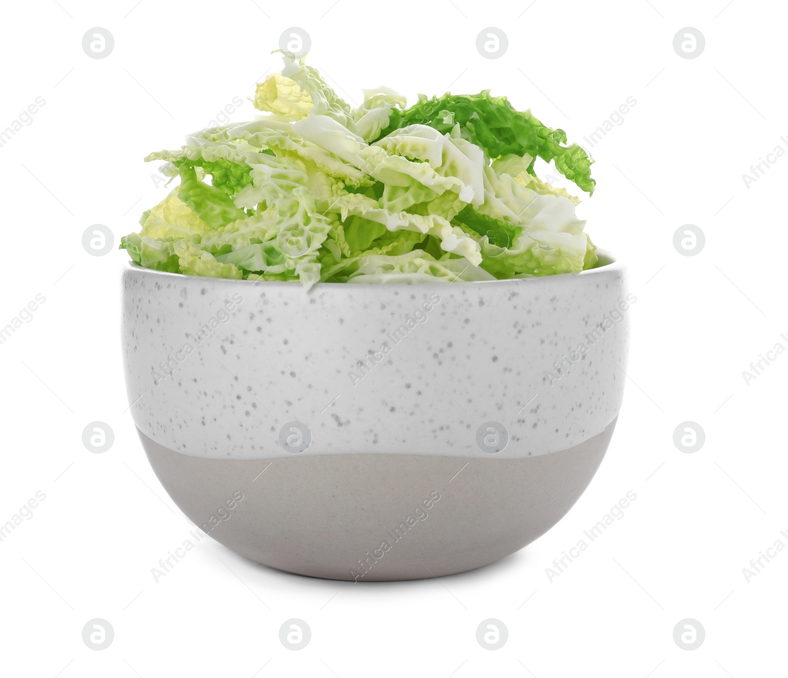 Photo of Bowl with shredded savoy cabbage on white background