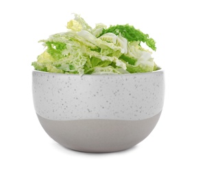 Photo of Bowl with shredded savoy cabbage on white background