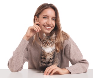 Young woman with cat on white background. Owner and pet