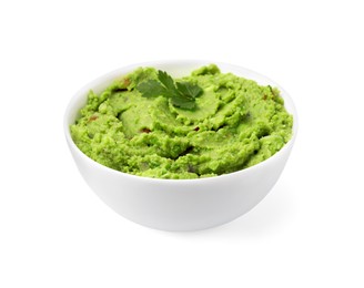 Photo of Bowl of delicious guacamole isolated on white