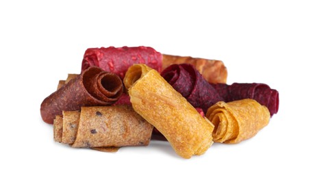 Delicious fruit leather rolls on white background