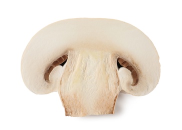 Photo of Fresh raw champignon mushroom on white background, top view