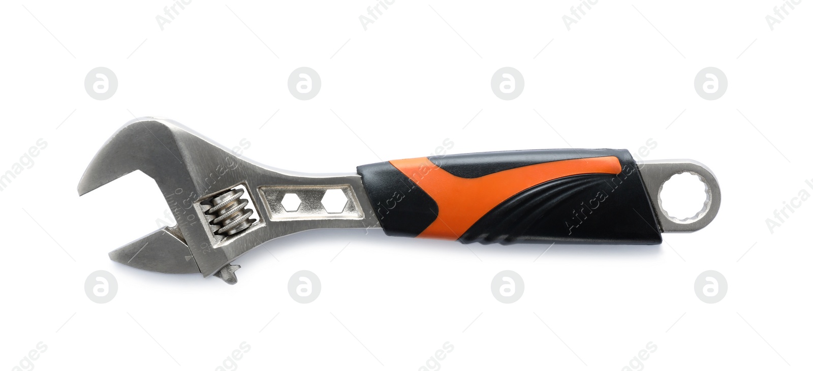 Photo of Adjustable wrench on white background, top view. Plumber tools