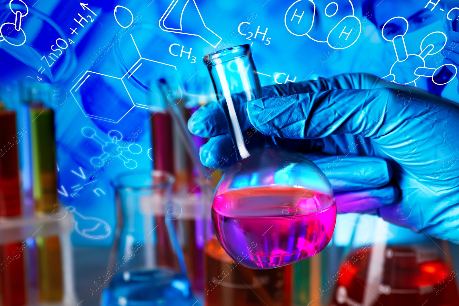 Image of Scientist holding flask, test tubes and different chemical formulas, reactions and icons, multiple exposure