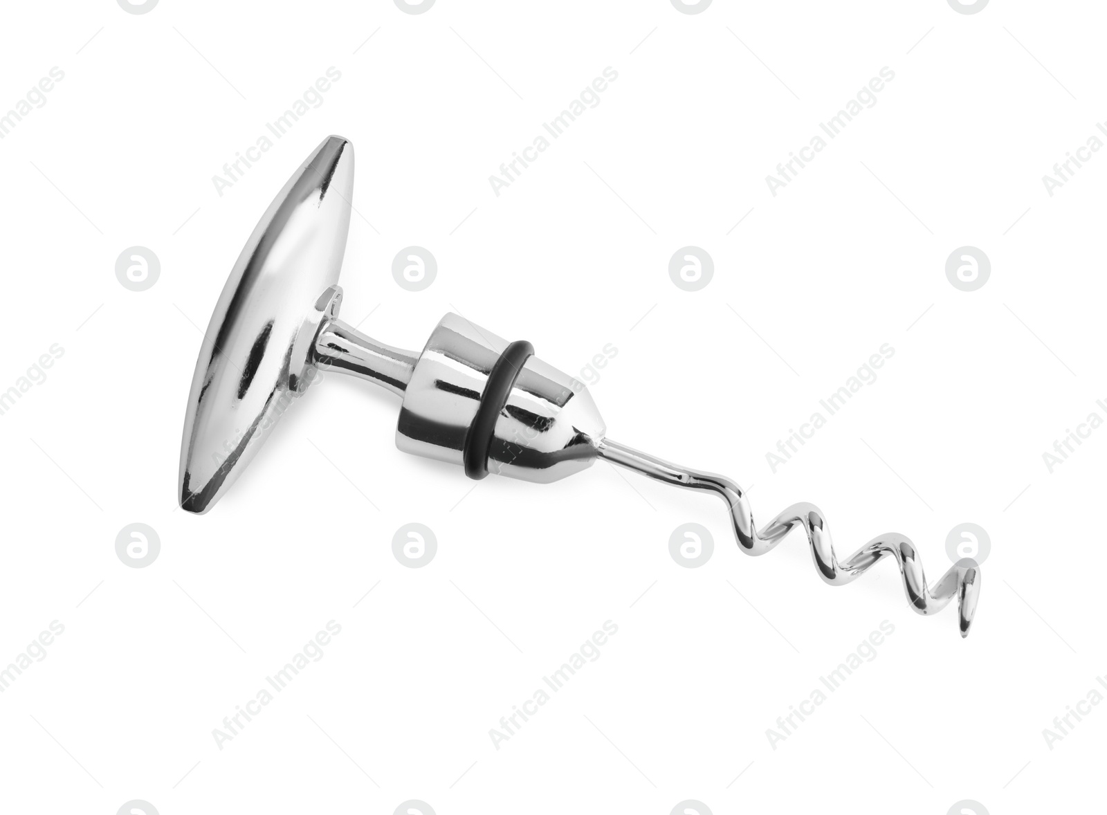 Photo of One metal corkscrew isolated on white, top view